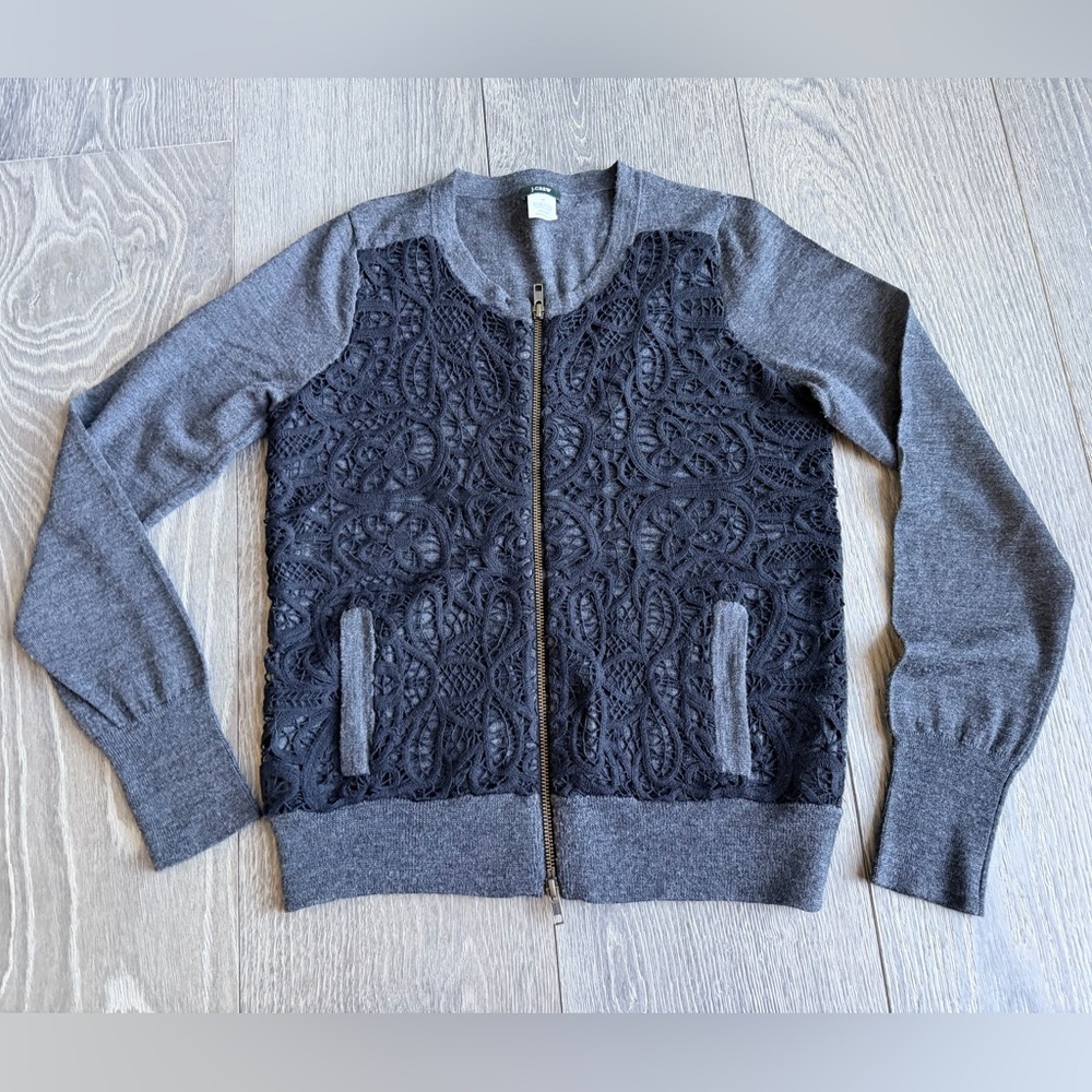 J. Crew Merino Wool Crochet Front Zip Up Cardigan